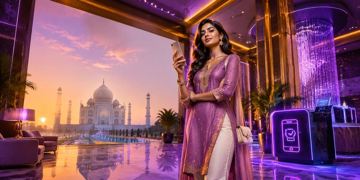 Indian woman happily registering for online betting platform